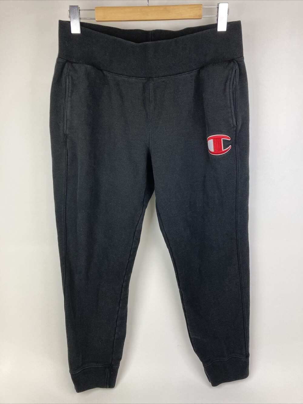 Champion Black Womens Reverse Weave Large Red C Logo Jogger Sweatpants w Pockets